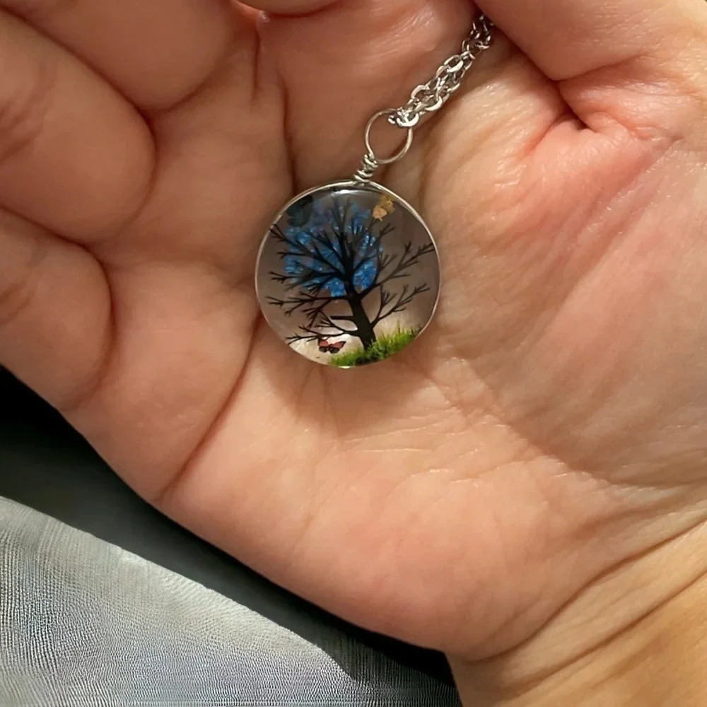 Resin Flower Pressed & Tree Circle Pendant Charm Stainless Steel Necklace